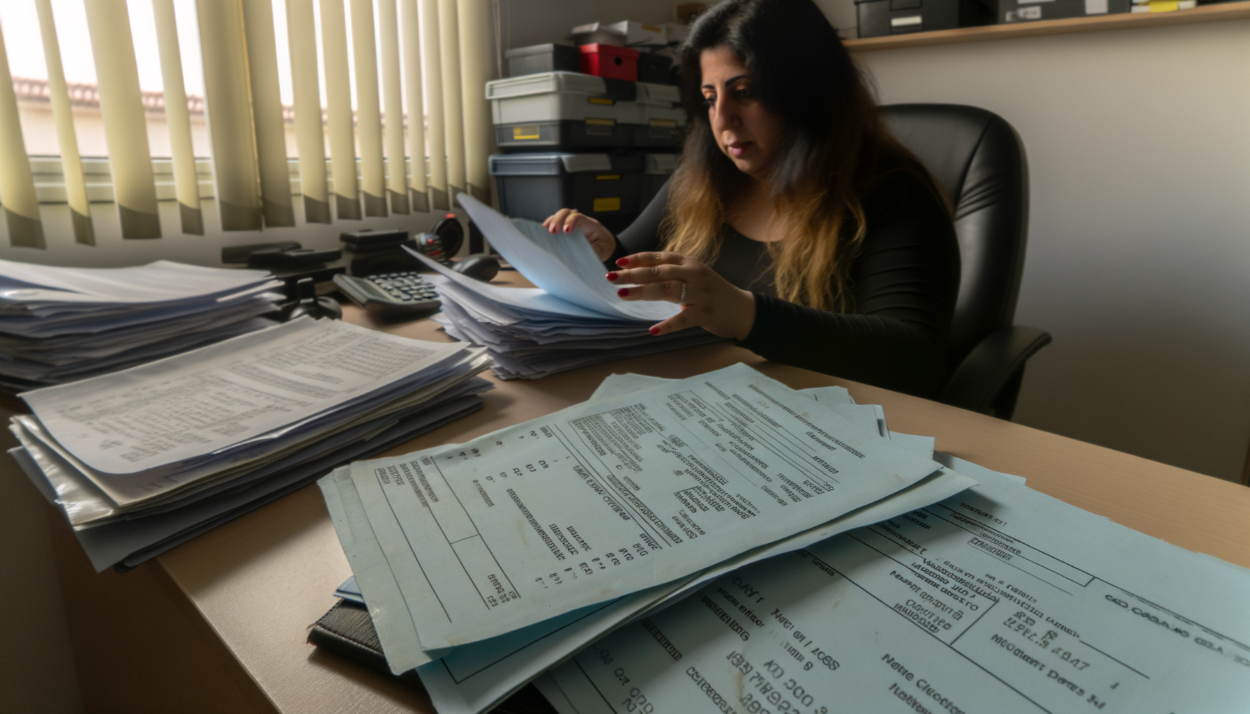 Woman organizing tire replacement documents and warranty papers at desk