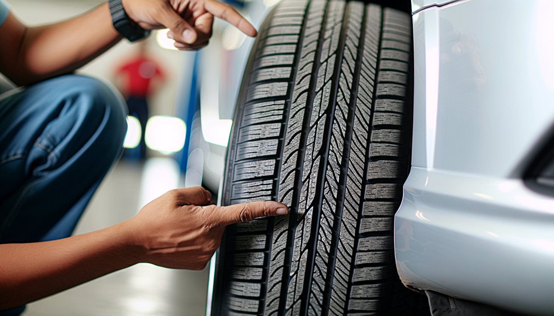 Close-up of car tire showing uneven tread wear patterns indicating alignment problems
