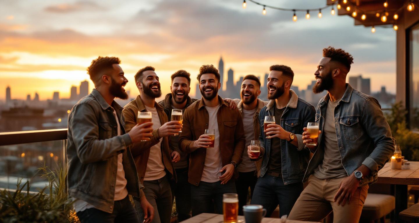 Group of friends celebrating bachelor party on rooftop bar with city skyline at sunset