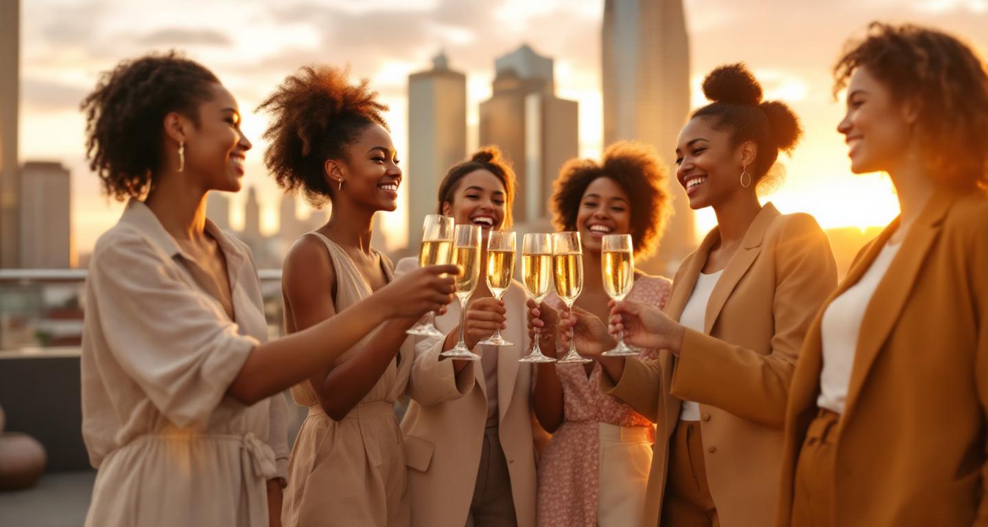 Group of women celebrating on rooftop bar during bachelorette party