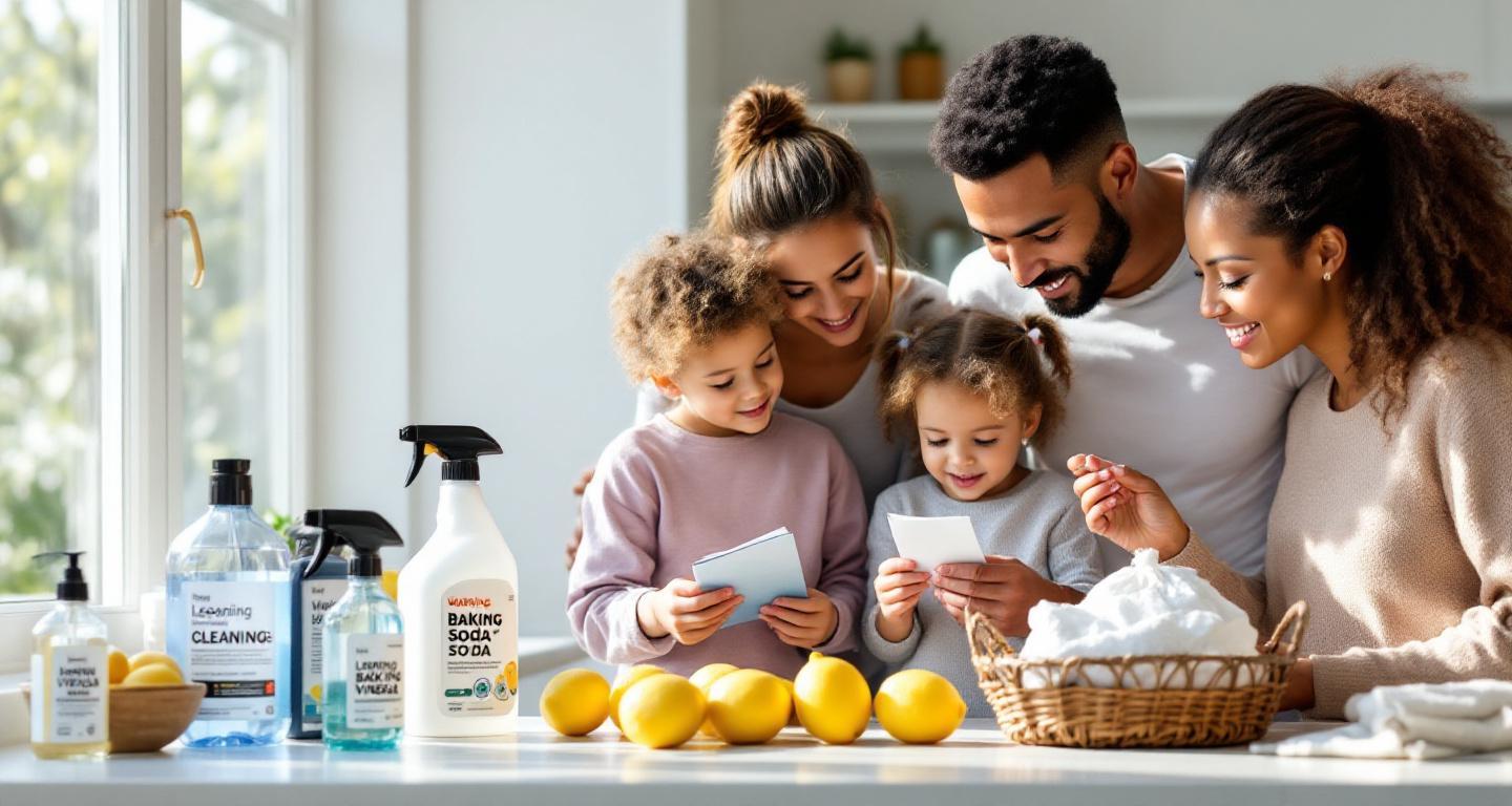 Family comparing toxic and non-toxic cleaning products in a bright kitchen setting