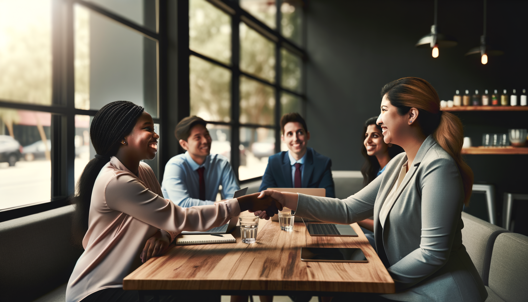 Business professionals building authentic connections through conversation at a coffee shop