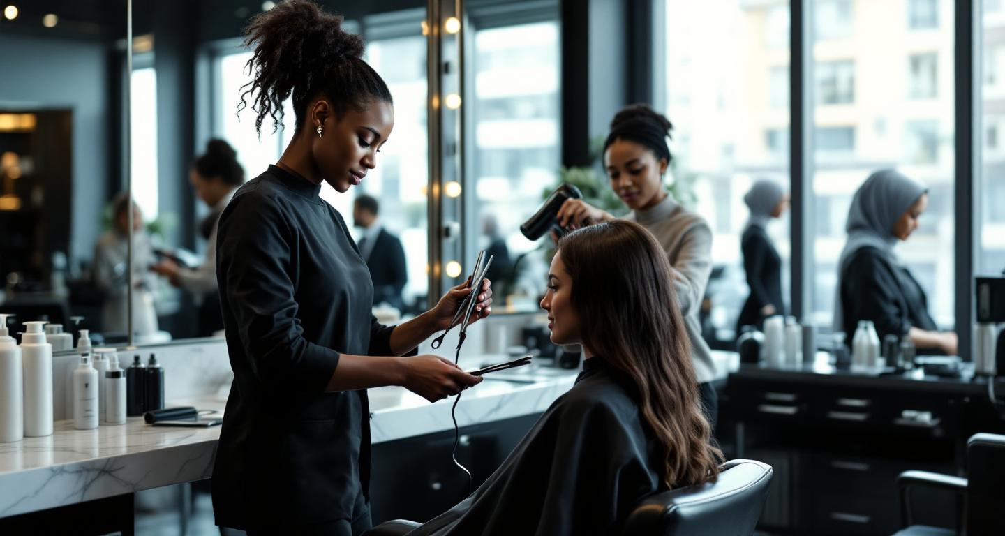 Professional hair stylist providing expert hair care treatment to client in modern salon