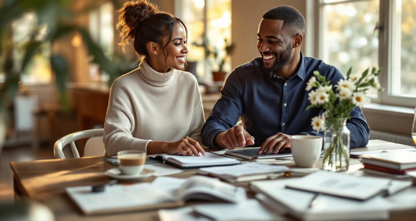 Engaged couple collaborating on wedding planning with materials spread on table in natural lighting