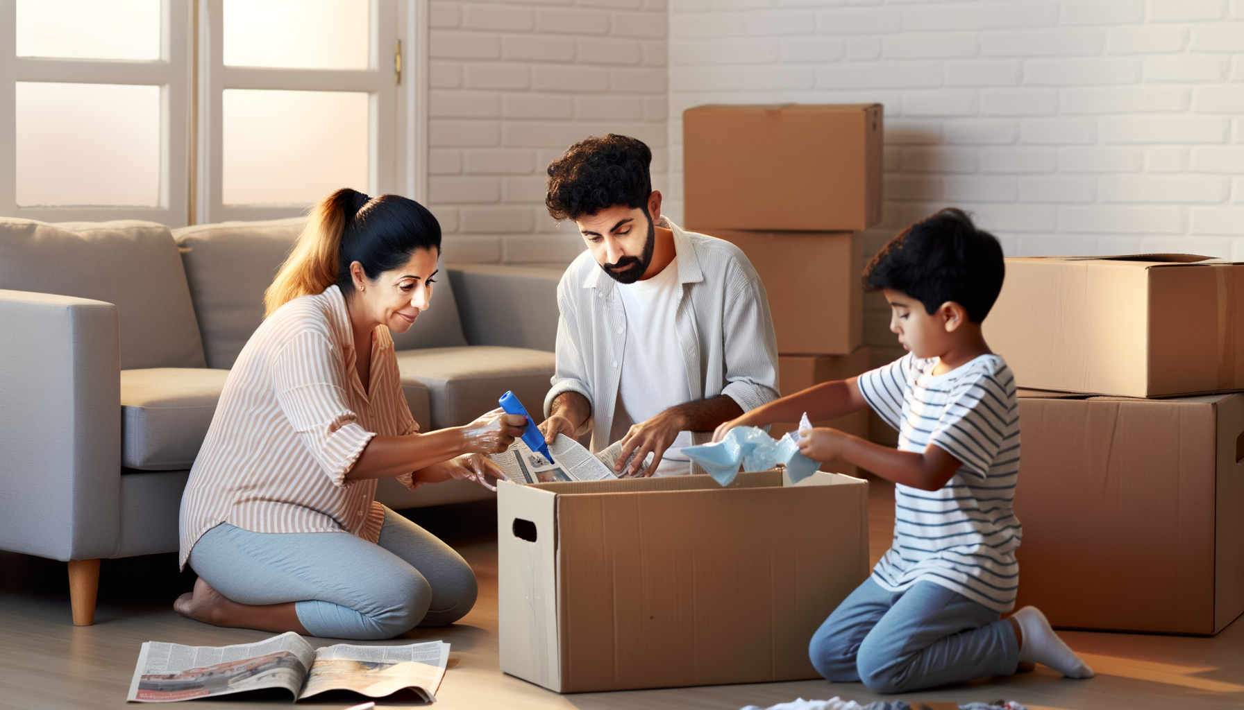 Family using moving checklist while packing boxes for relocation