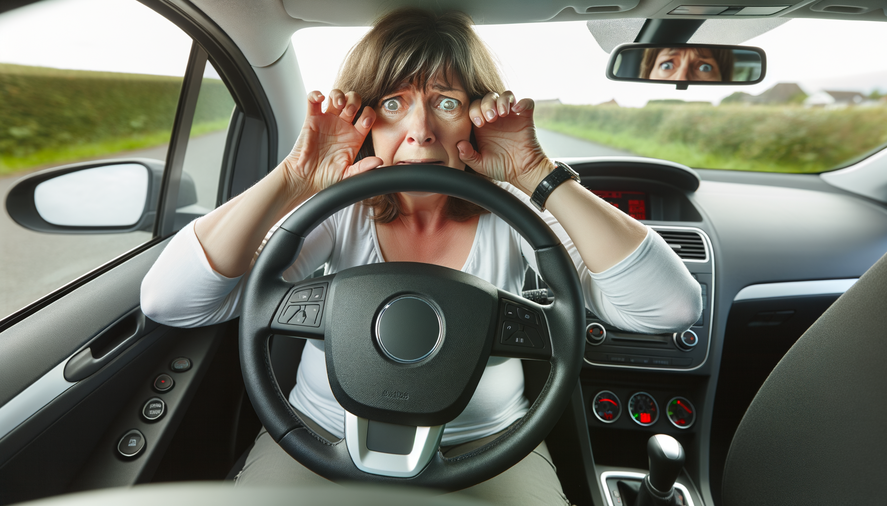 Woman feeling vibrations through steering wheel while driving, indicating potential vehicle service needs