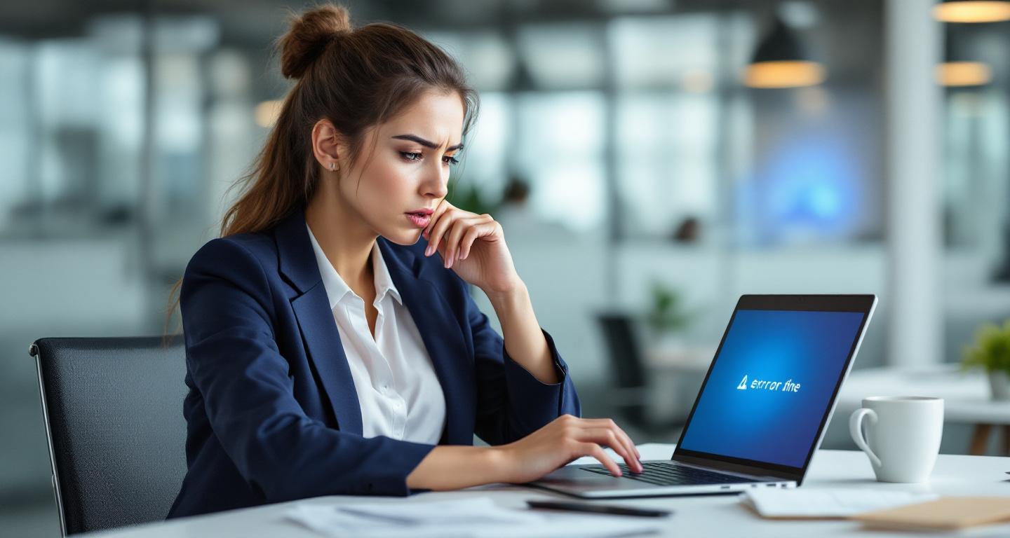 Woman experiencing computer problems at desk with overheating laptop showing error screen