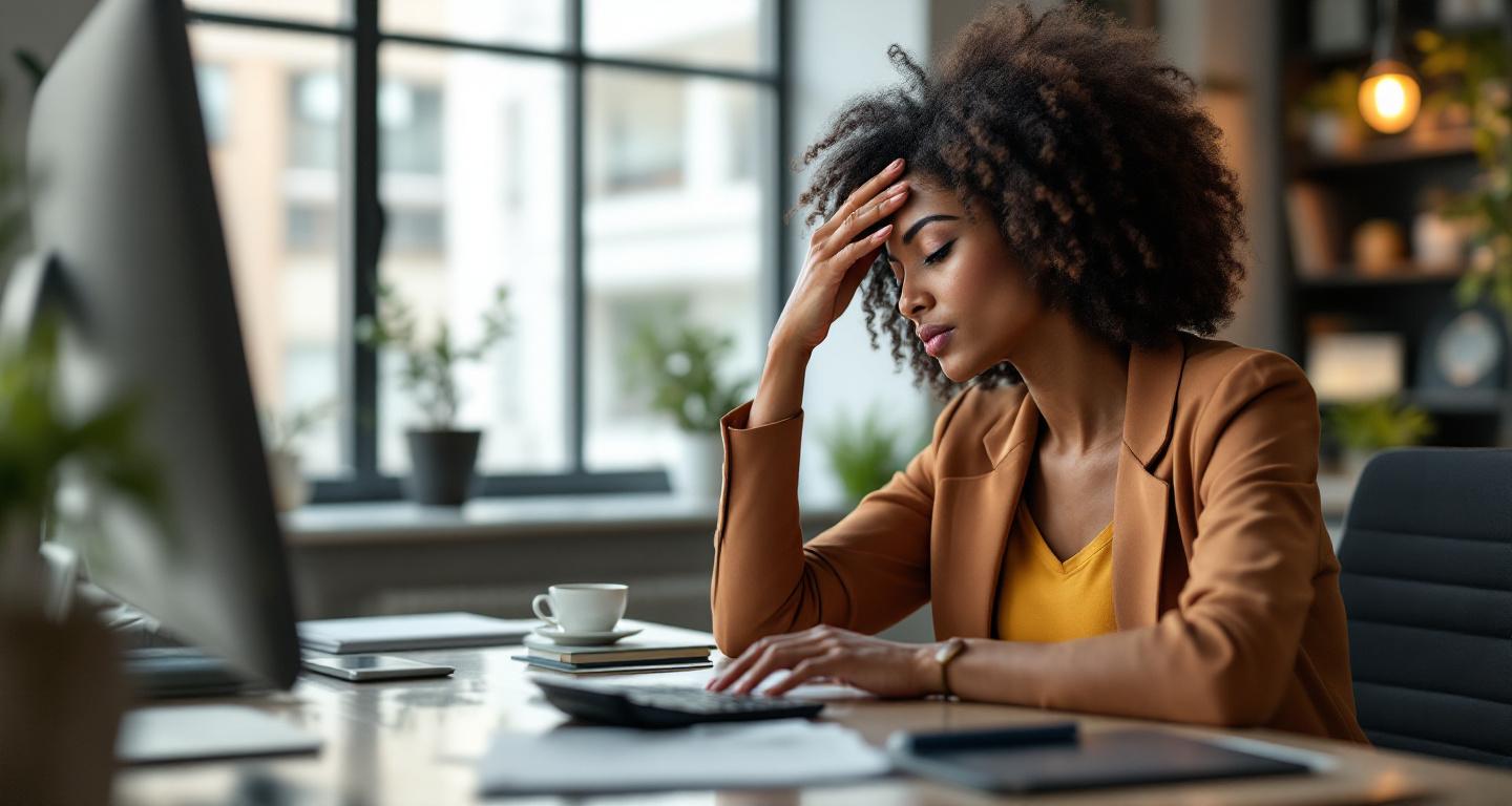 Professional woman reviewing financial documents at desk, appearing contemplative about financial planning decisions