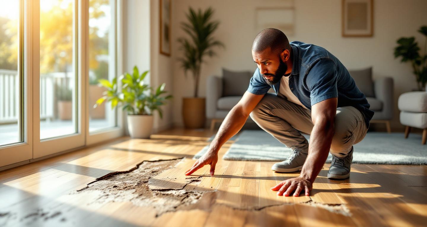 Homeowner examining damaged hardwood flooring showing gaps and warping that indicates need for professional contractor