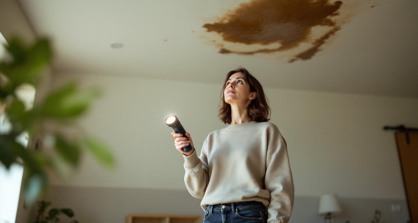 Homeowner examining water damage on ceiling, indicating need for professional home inspection