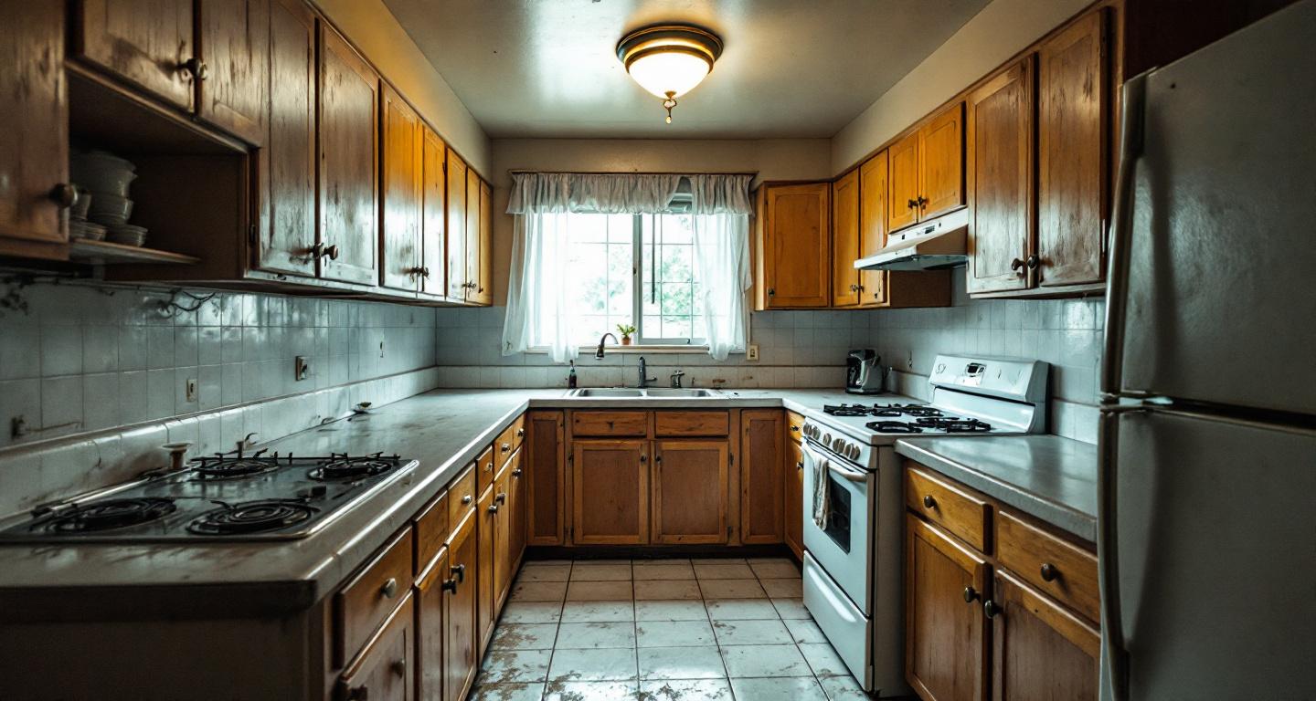 Outdated kitchen showing worn countertops, old cabinets, and poor lighting that indicate need for remodeling