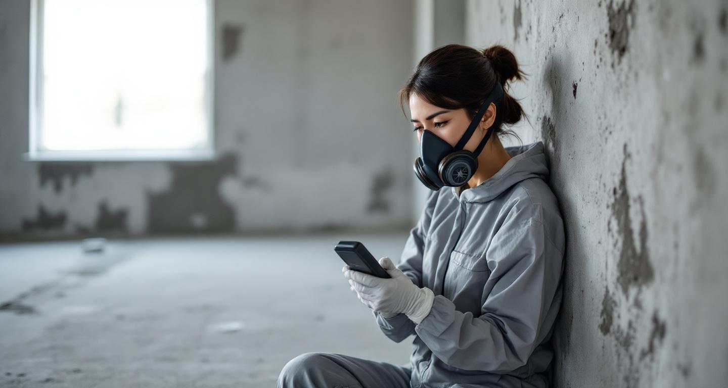Professional mold inspector examining wall with moisture detection equipment in basement