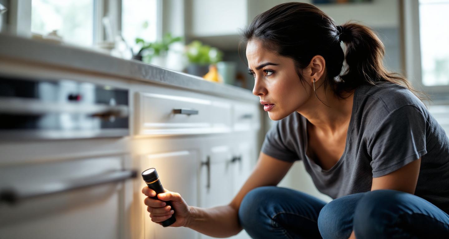 Homeowner examining potential pest signs near kitchen baseboard with flashlight