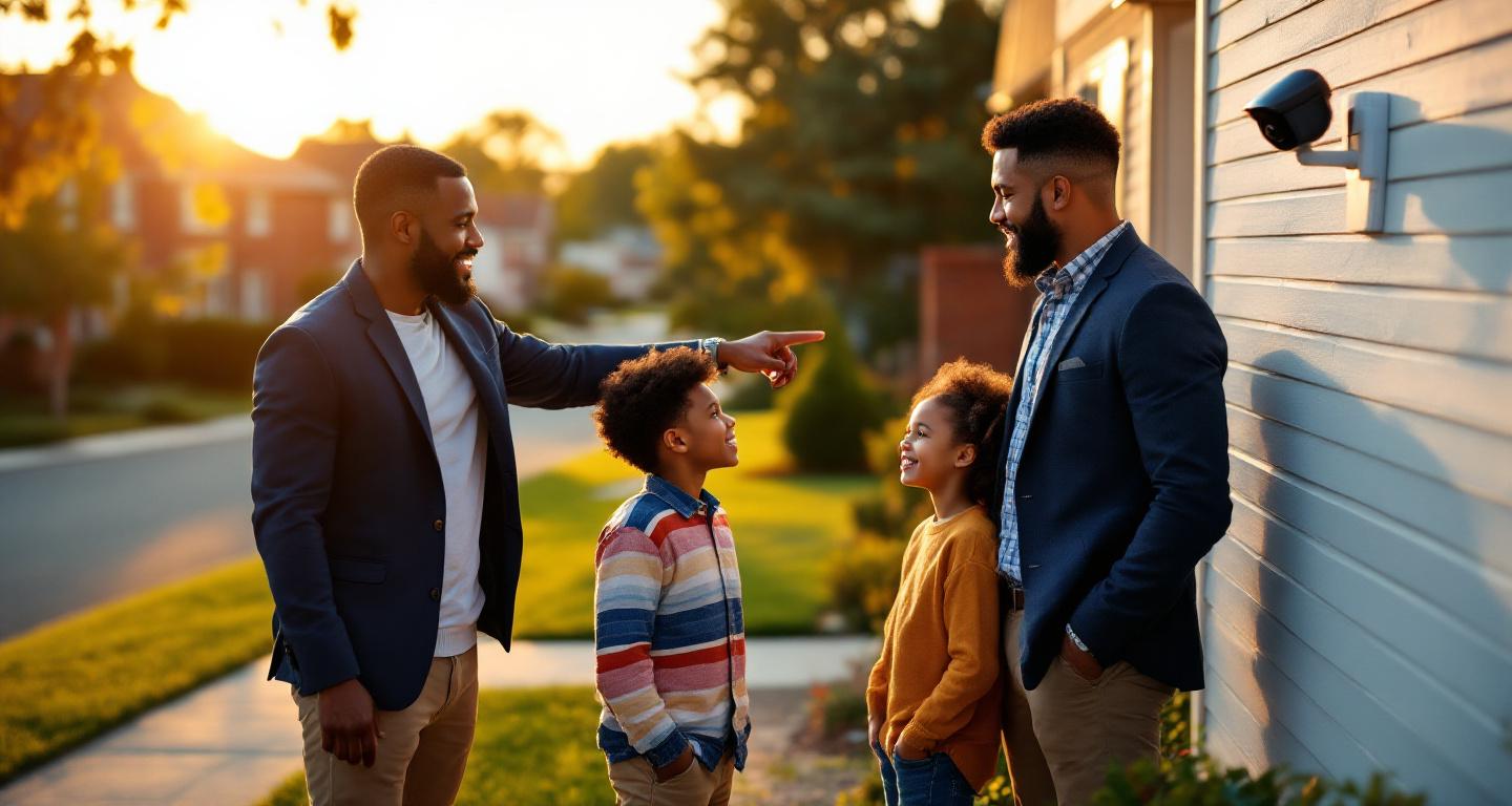 Family discussing home security system installation outside their house