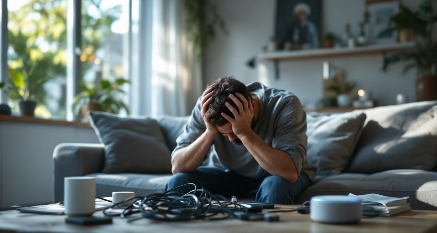 Frustrated homeowner surrounded by malfunctioning smart home devices needing professional installation help