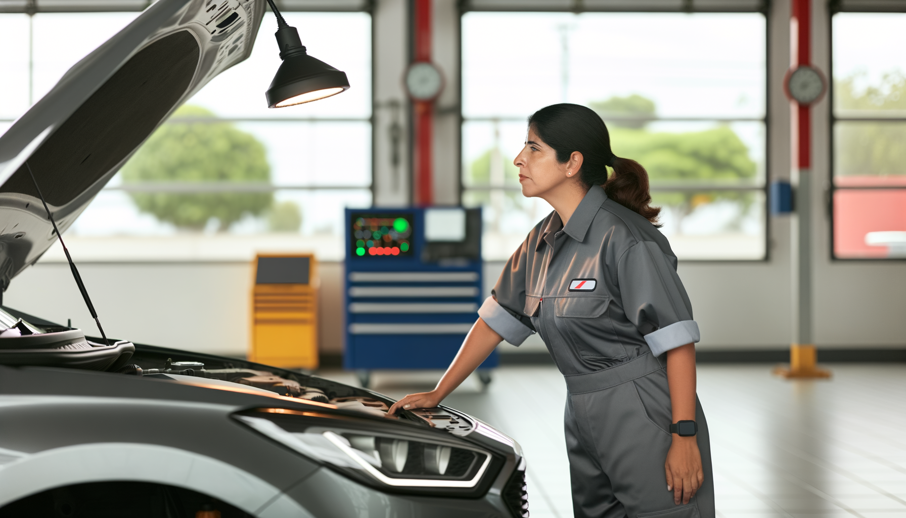 Professional mechanic performing detailed vehicle inspection under hood