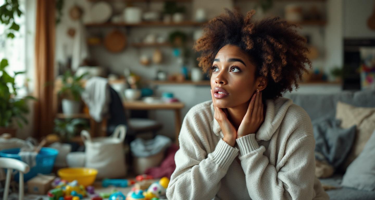 Overwhelmed woman in cluttered living room showing signs she needs professional cleaning help