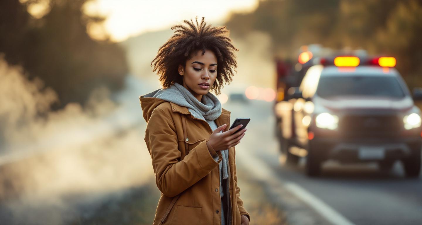 Woman safely positioned away from traffic next to her broken down car with steam from engine, calling for towing service