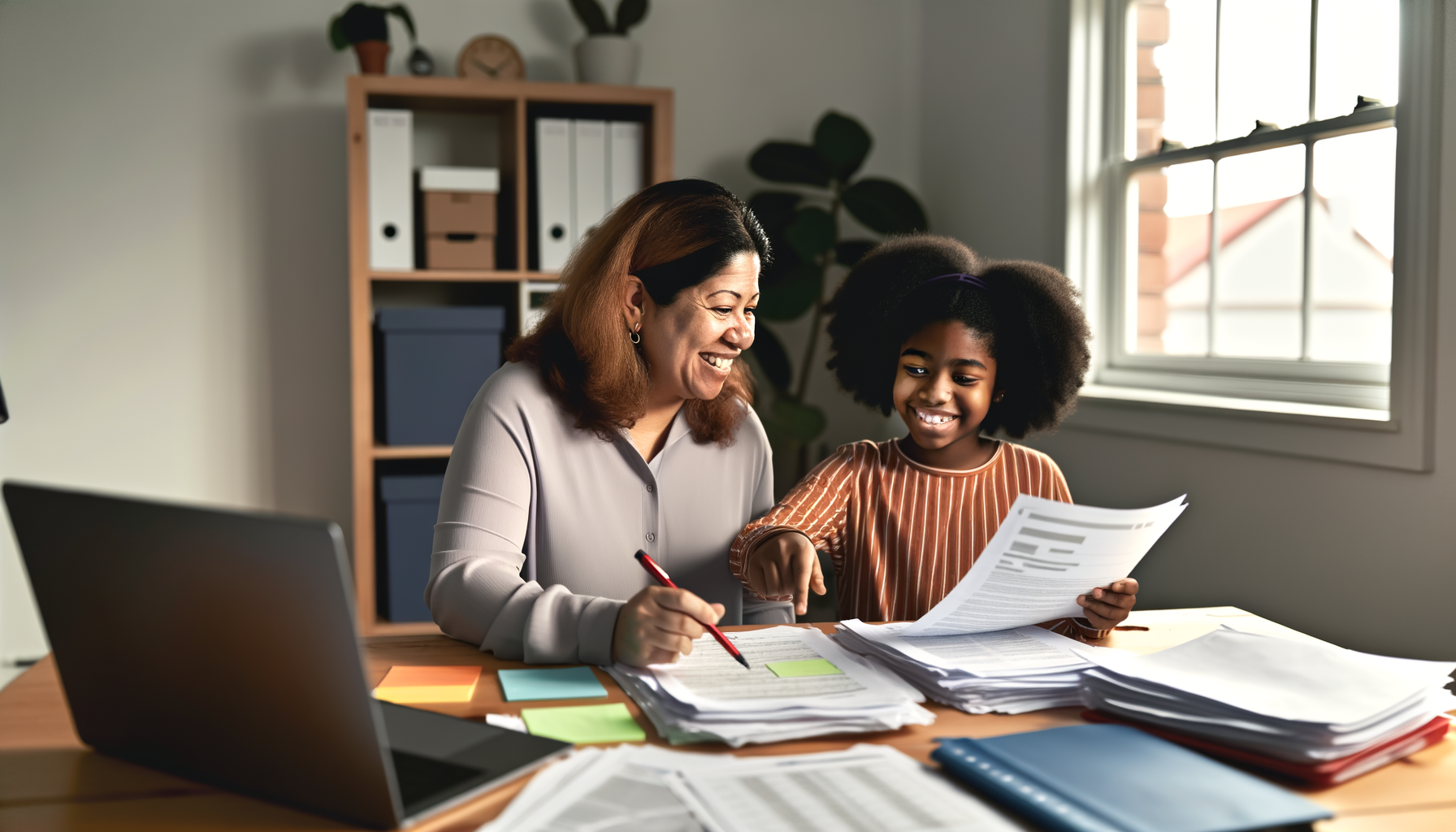 Mother and daughter organizing academic service documents at organized home office desk