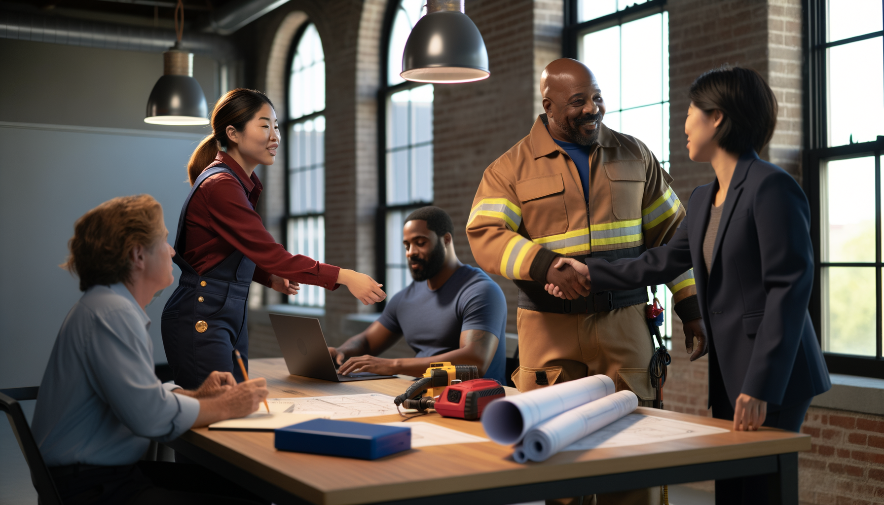 Diverse service business owners celebrating success together in bright co-working space