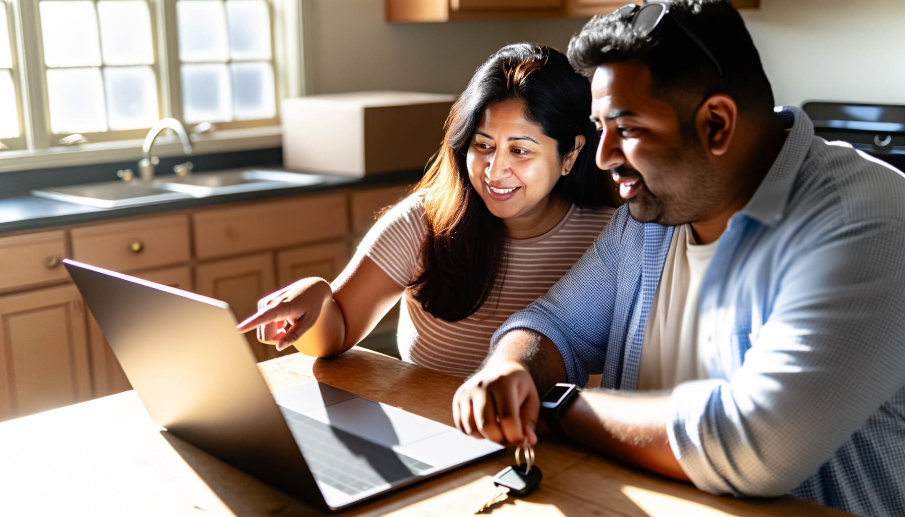 New homeowners reviewing their real estate transaction experience on laptop