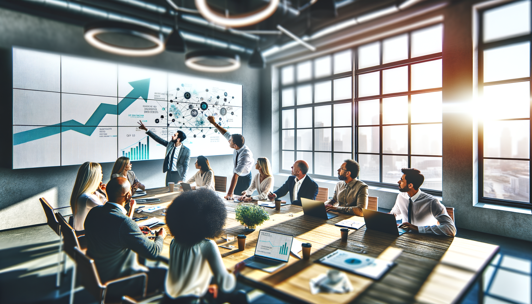 Business team analyzing growth charts and network connections in modern office