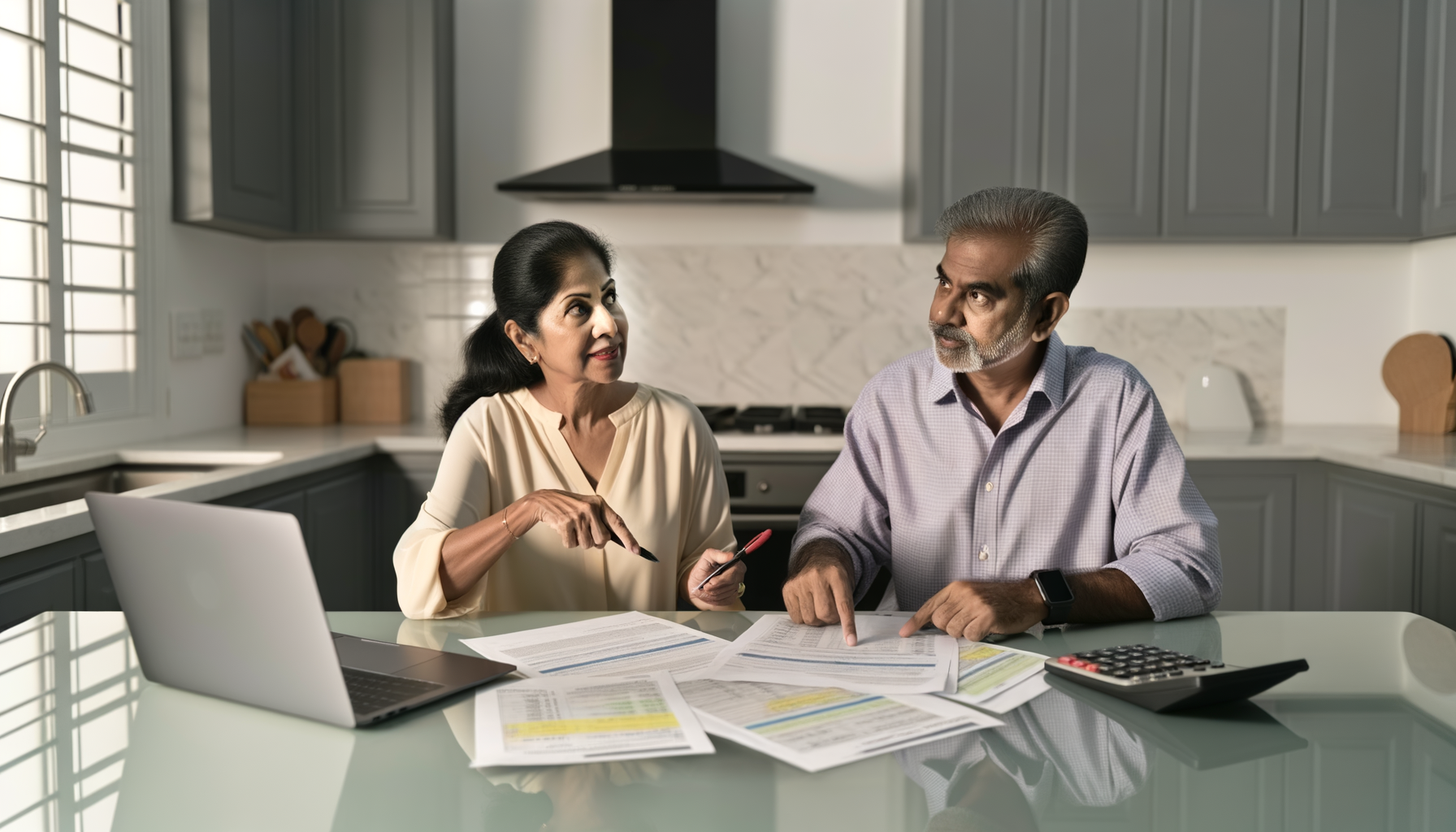 Couple reviewing organized financial documents at kitchen table for financial planning