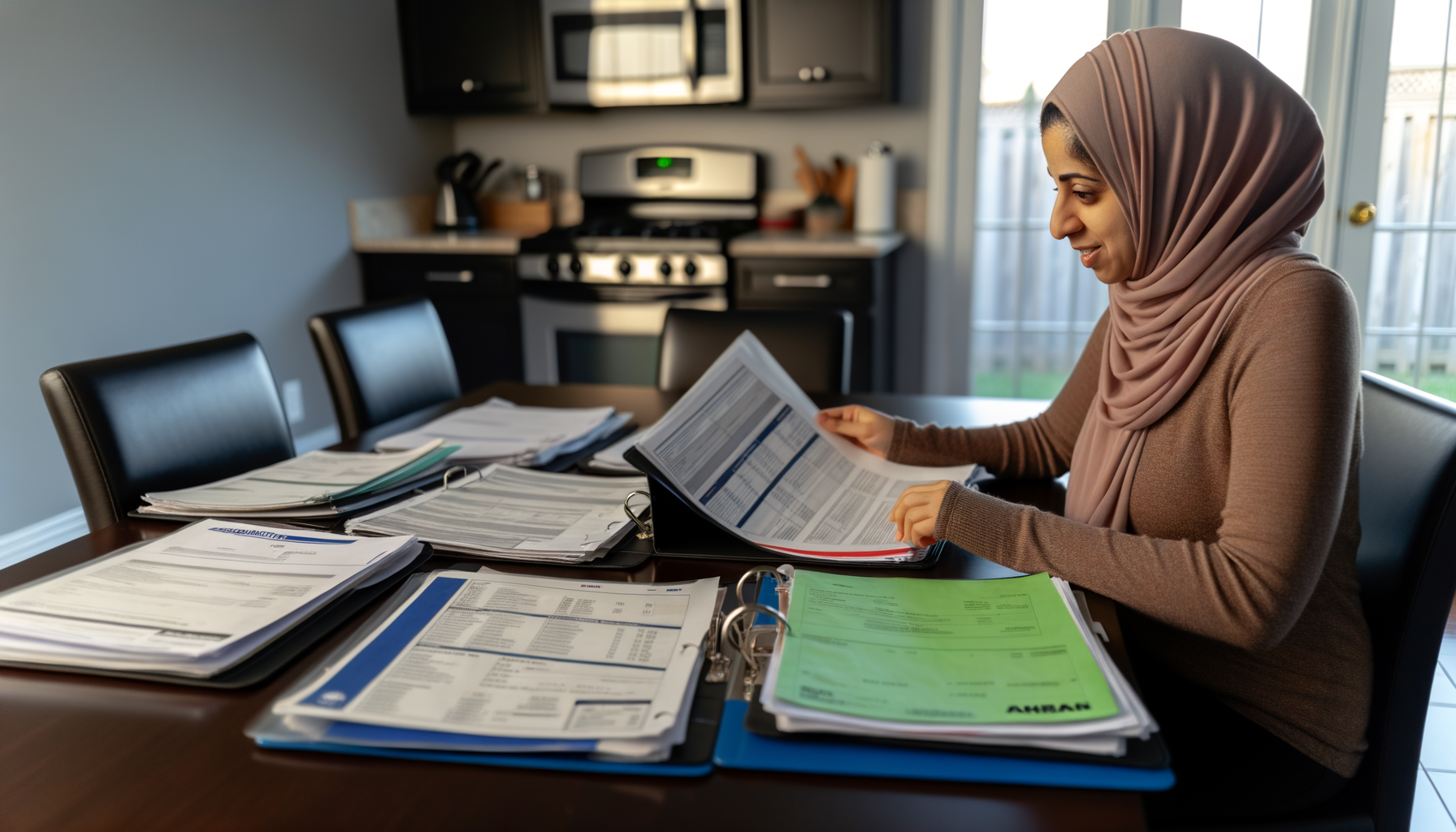 Car owner organizing auto body work documentation and paperwork on table