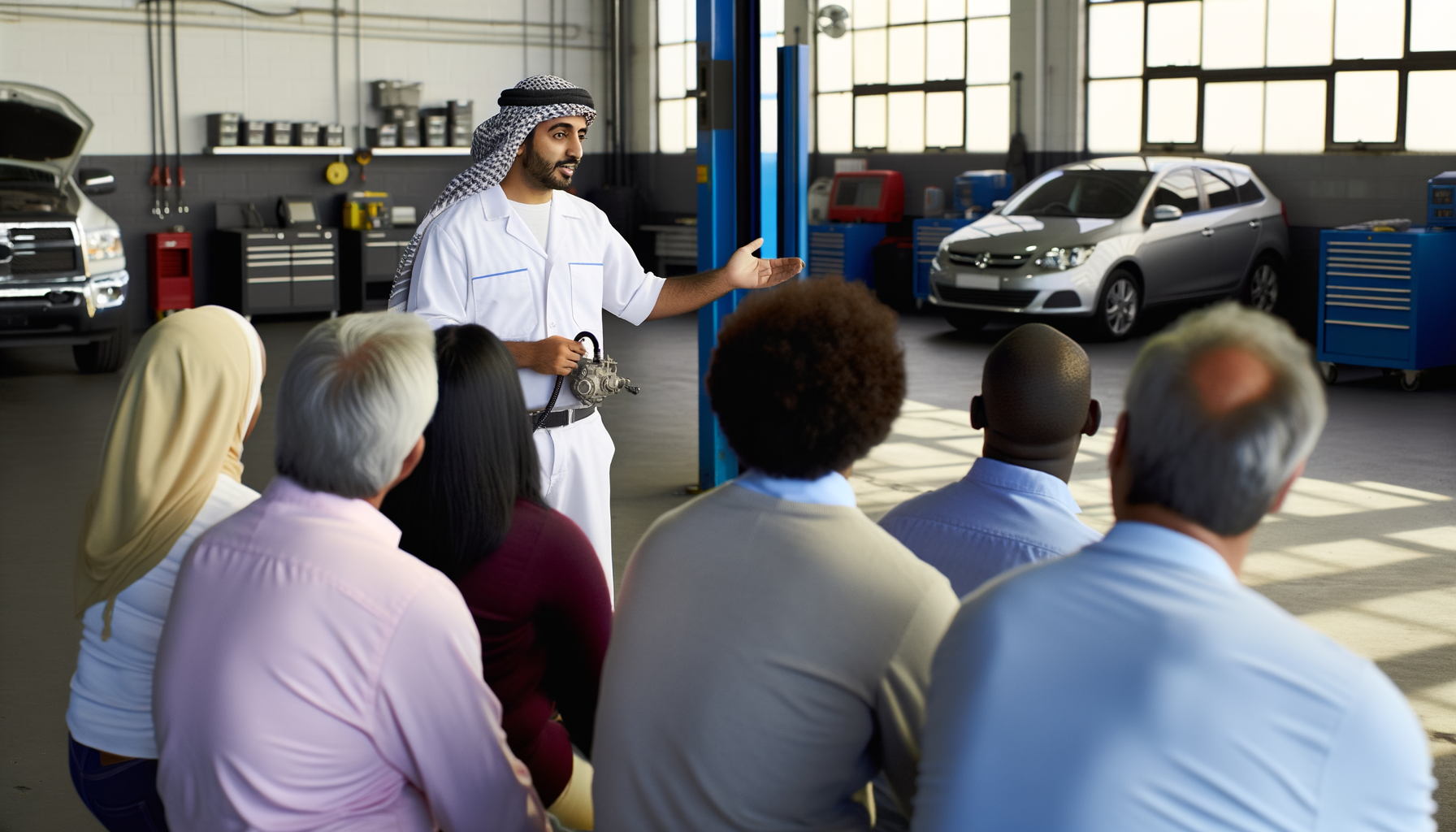 Professional mechanic explaining car repair to satisfied customers in a clean, well-organized auto shop