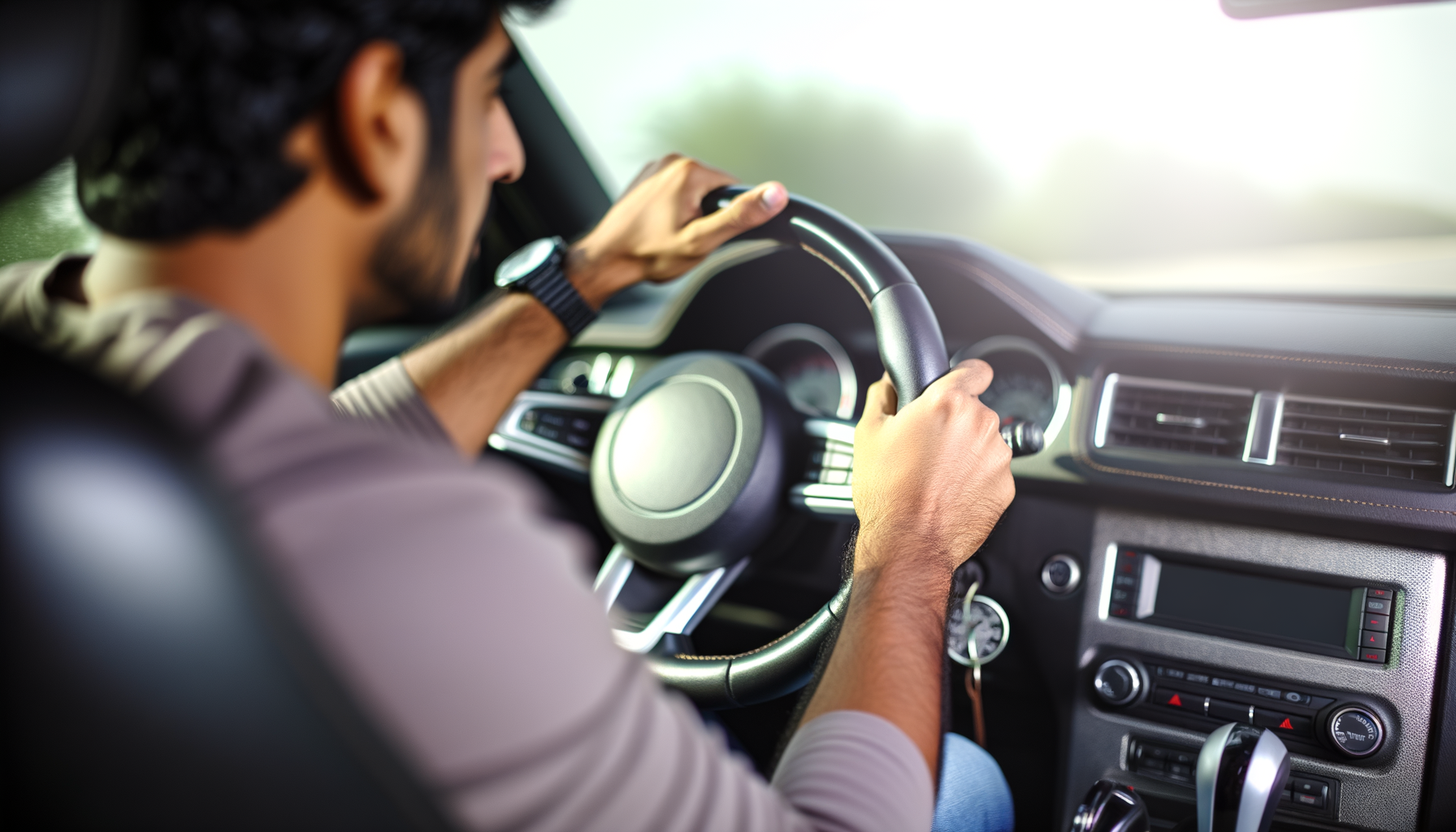 Driver's hands on steering wheel with brake pedal visible, representing brake safety awareness