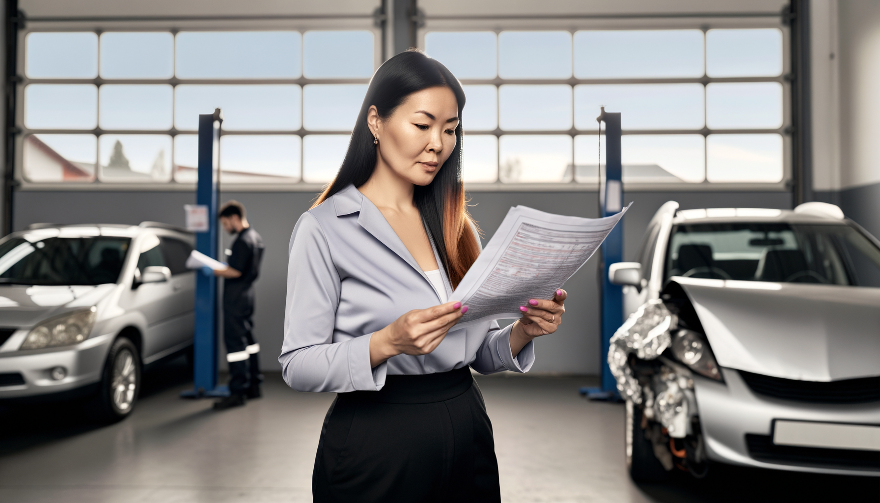 Driver reviewing insurance repair estimate at professional auto body shop