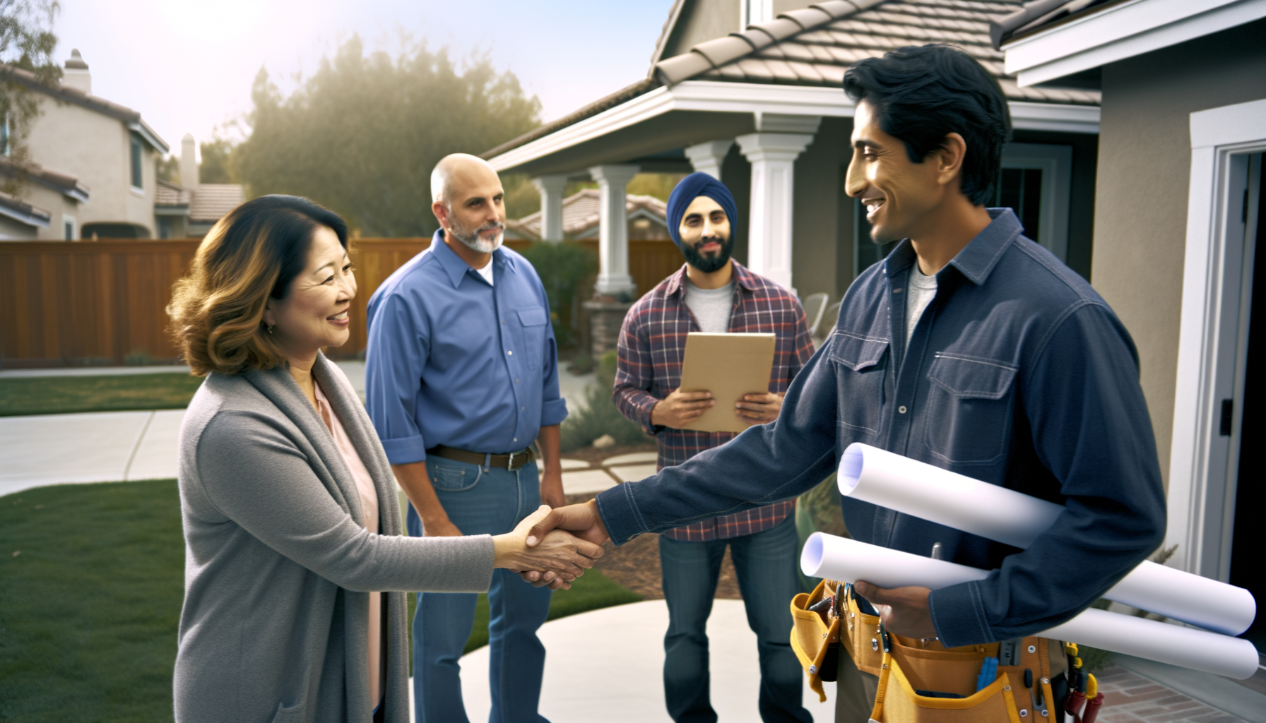 Homeowners confidently meeting with service providers outside their home