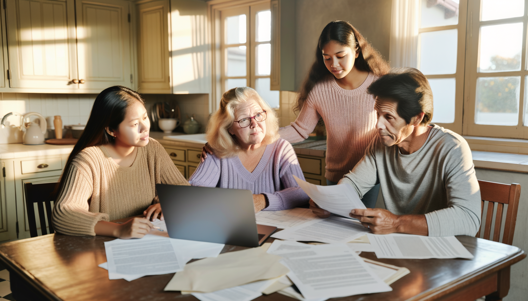 Multi-generational family discussing care evaluation documents at kitchen table