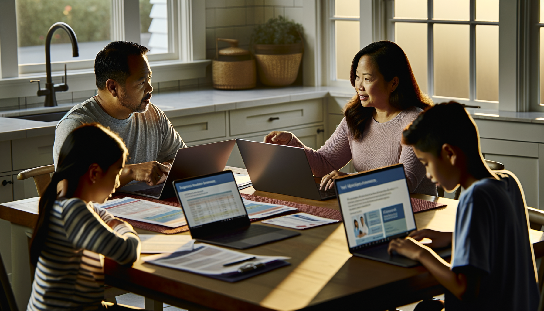 Family reviewing wellness services and healthcare experiences together at kitchen table