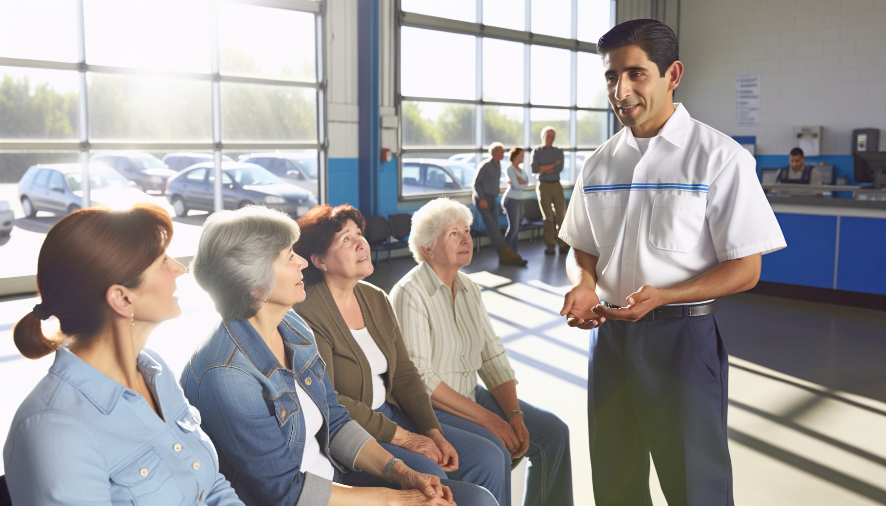 Mechanic explaining repair work to customer in professional auto shop setting