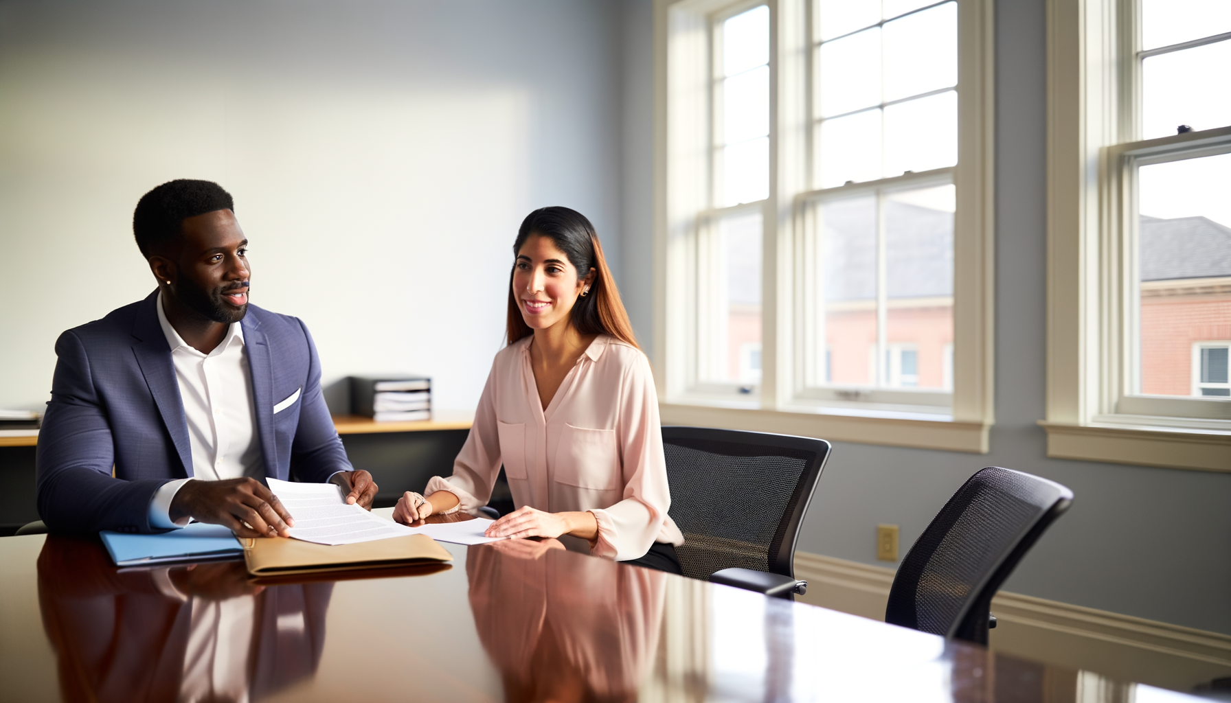 Confident homebuyers reviewing closing documents with real estate professionals in a bright office setting