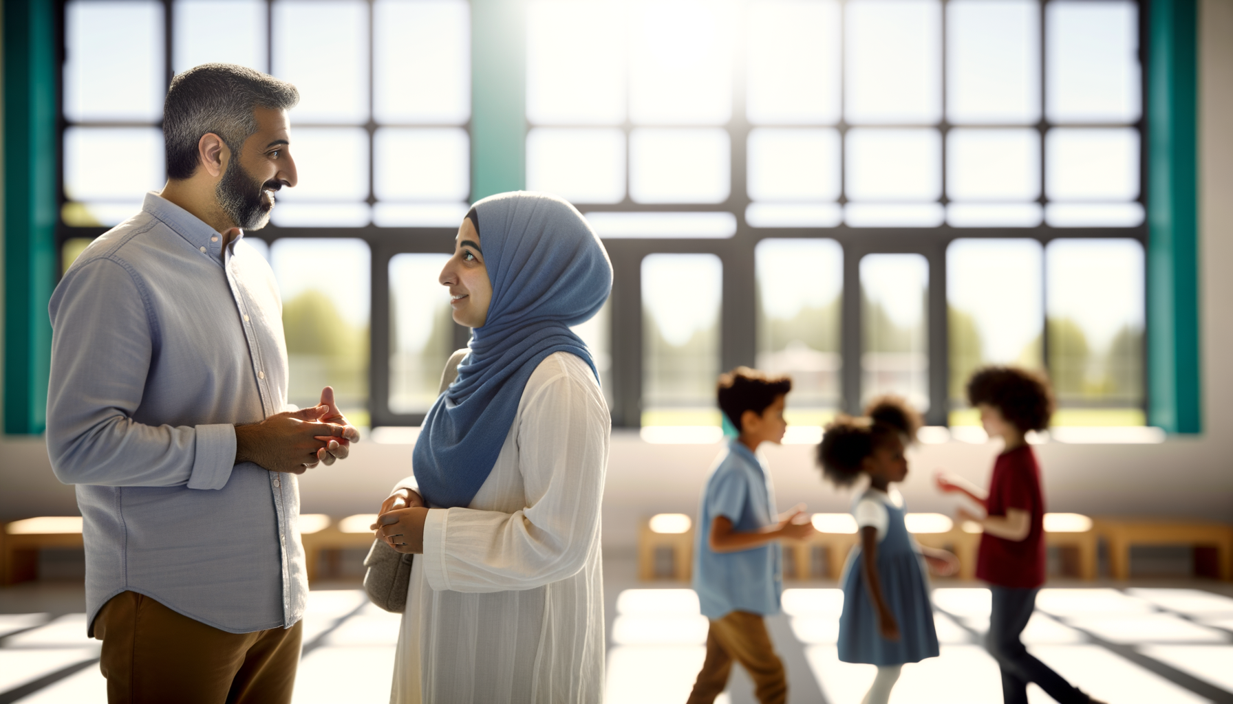 Parents having a trusting conversation about childcare providers in a bright community setting