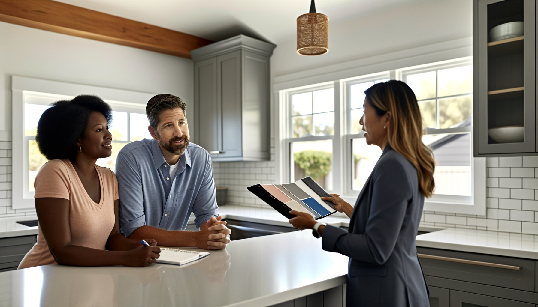 Homeowners discussing renovation plans with a trusted contractor in their kitchen