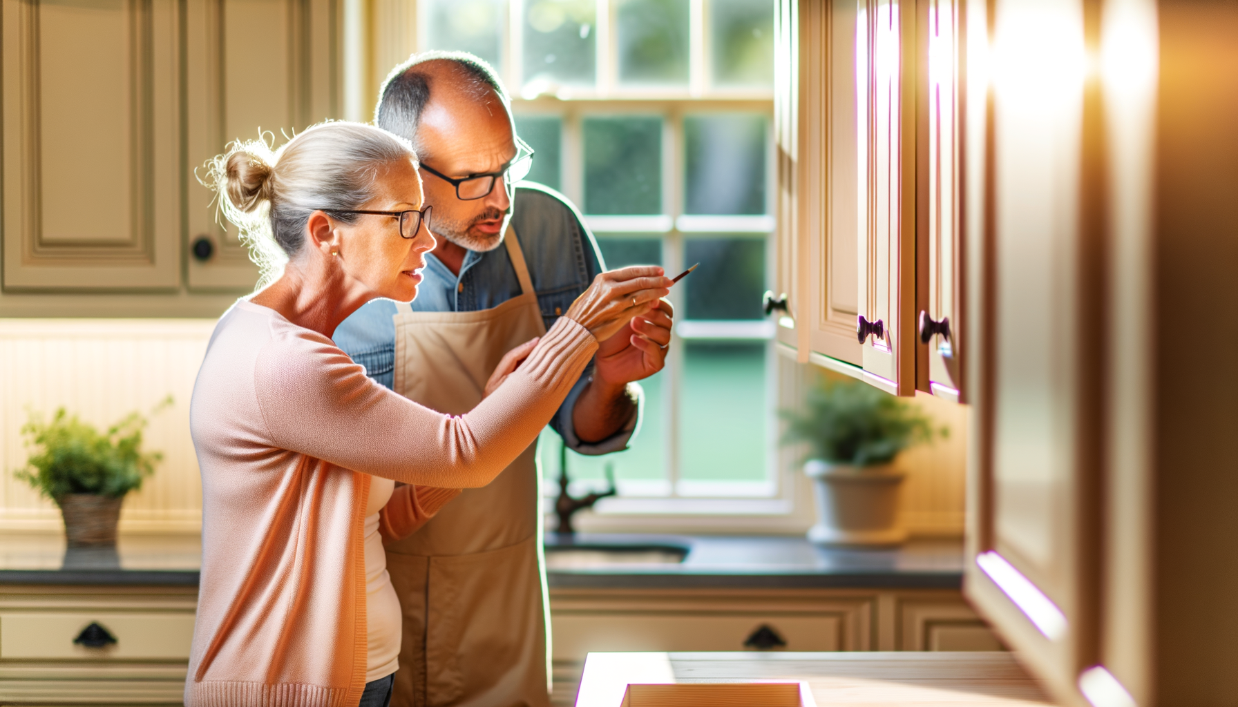 Homeowners inspecting completed kitchen cabinet repair work in natural lighting