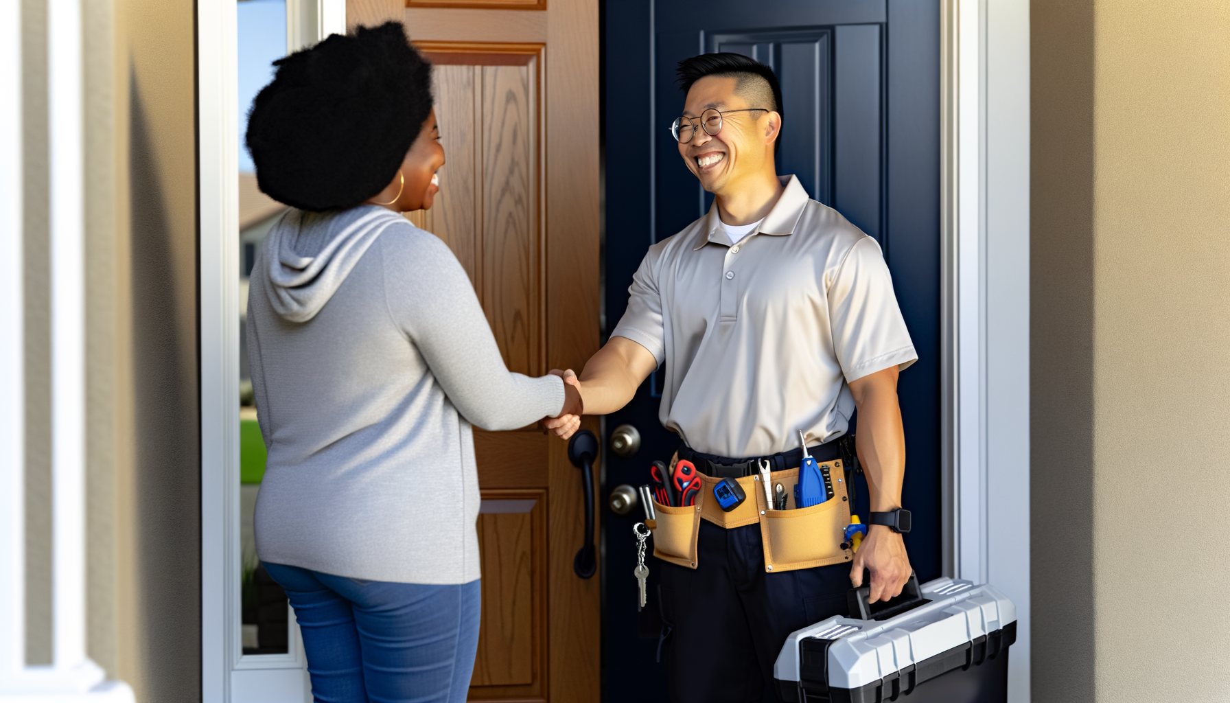 Homeowner and service professional shaking hands, representing trusted ongoing service relationship