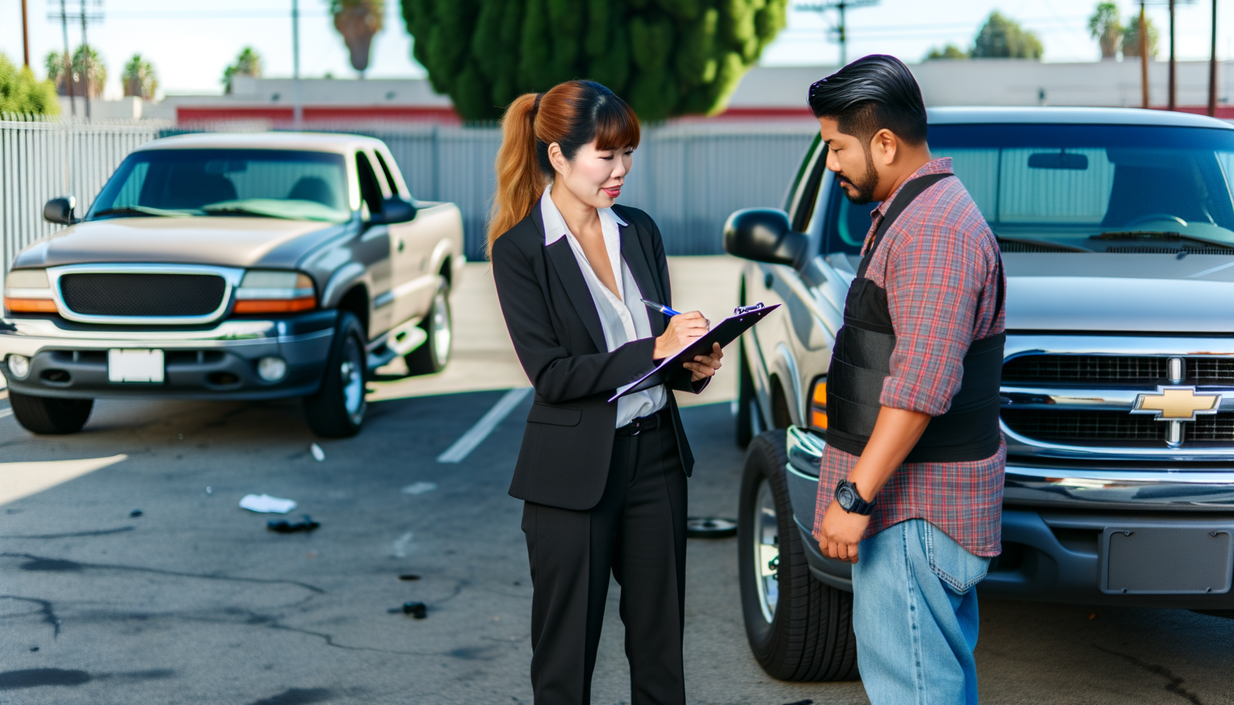 Two drivers calmly exchanging information and documenting details after a minor car accident