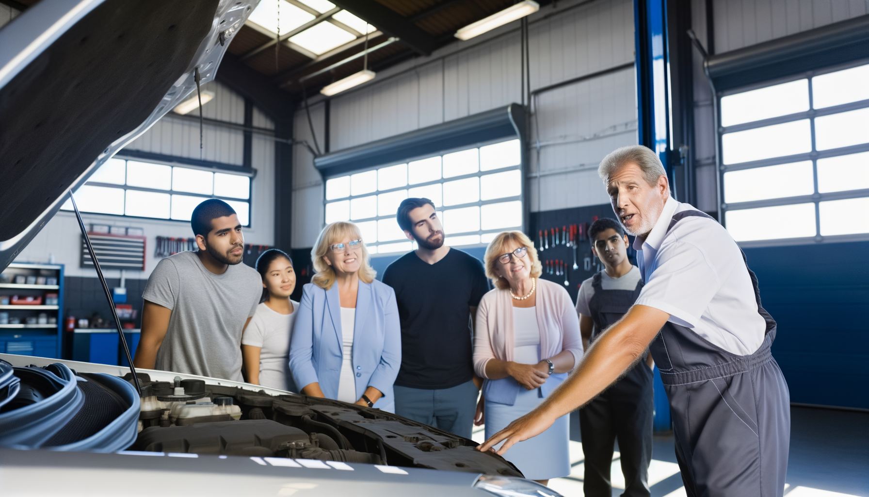 Mechanic explaining car maintenance to diverse group of loyal customers in professional service center