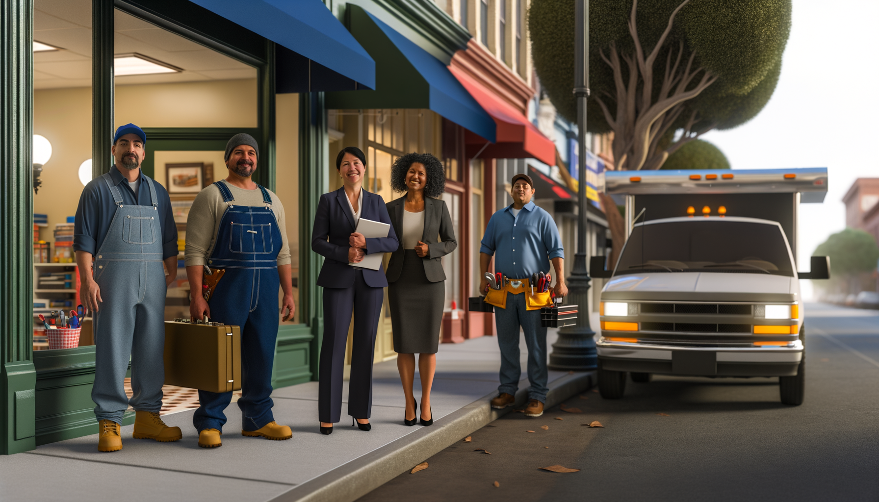 Diverse service business owners standing outside their established businesses on a thriving main street