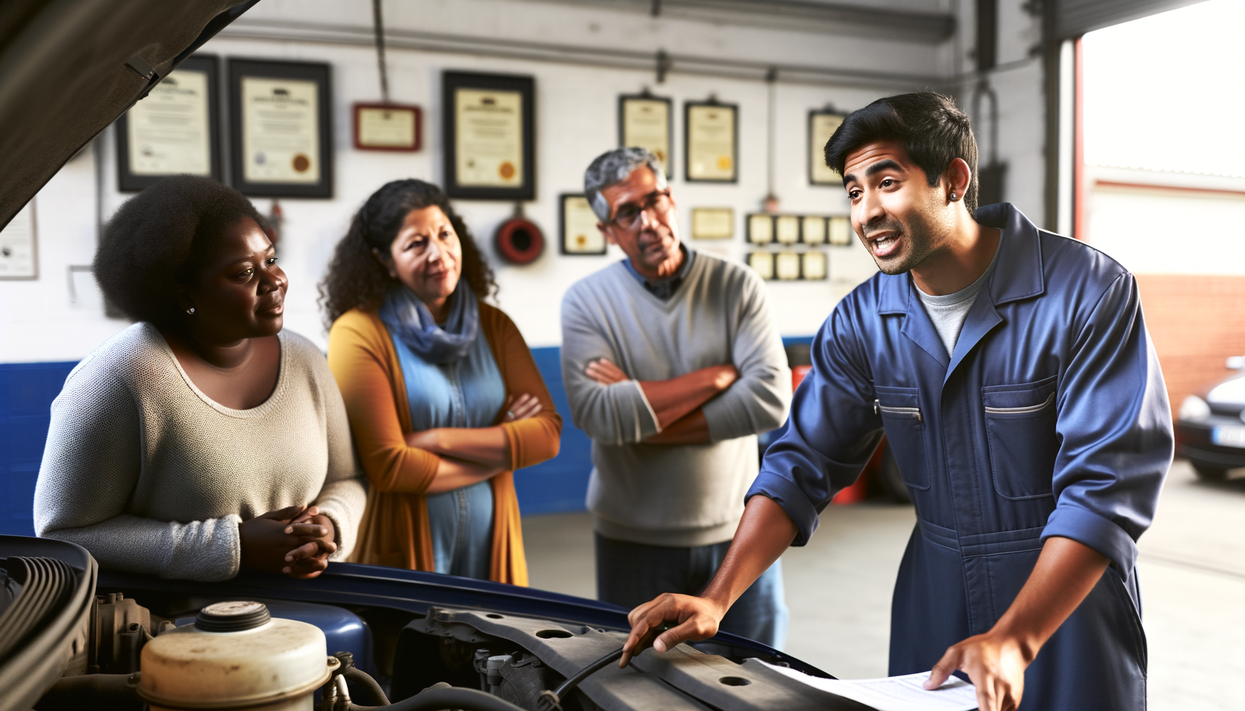 Mechanic explaining car repairs to customers in a clean, well-organized auto shop