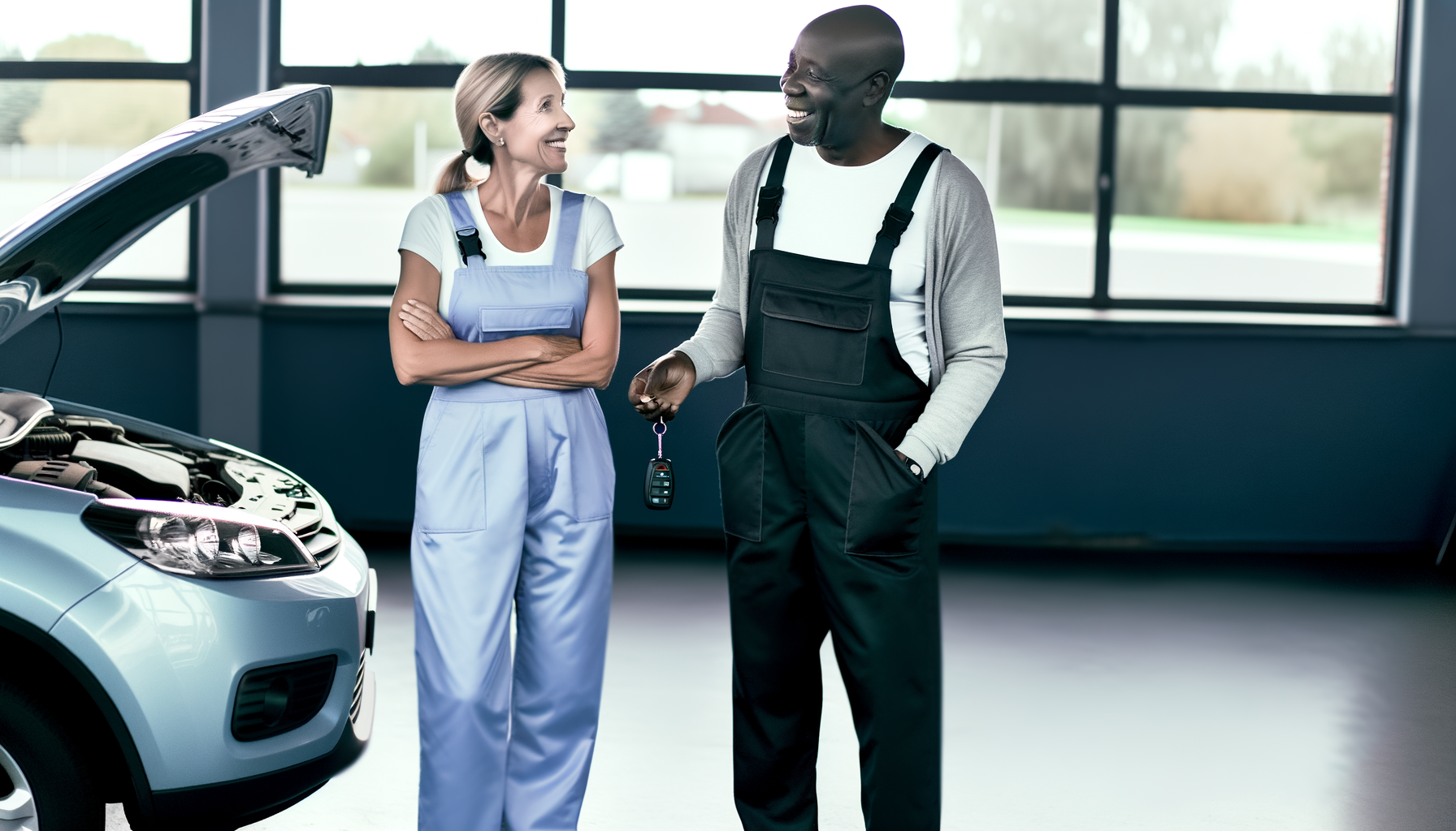 Professional mechanic discussing car maintenance with a comfortable customer in a clean, well-lit auto shop