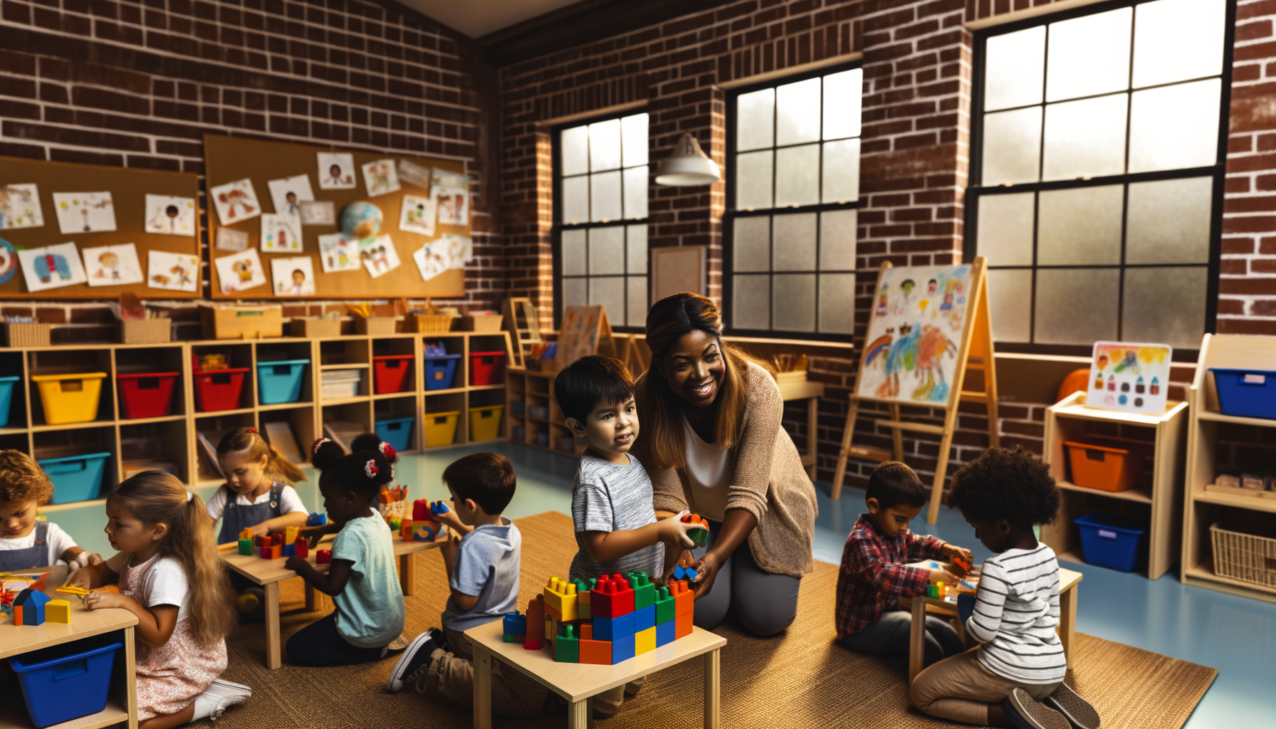 Childcare provider engaging with children in a bright, organized classroom environment