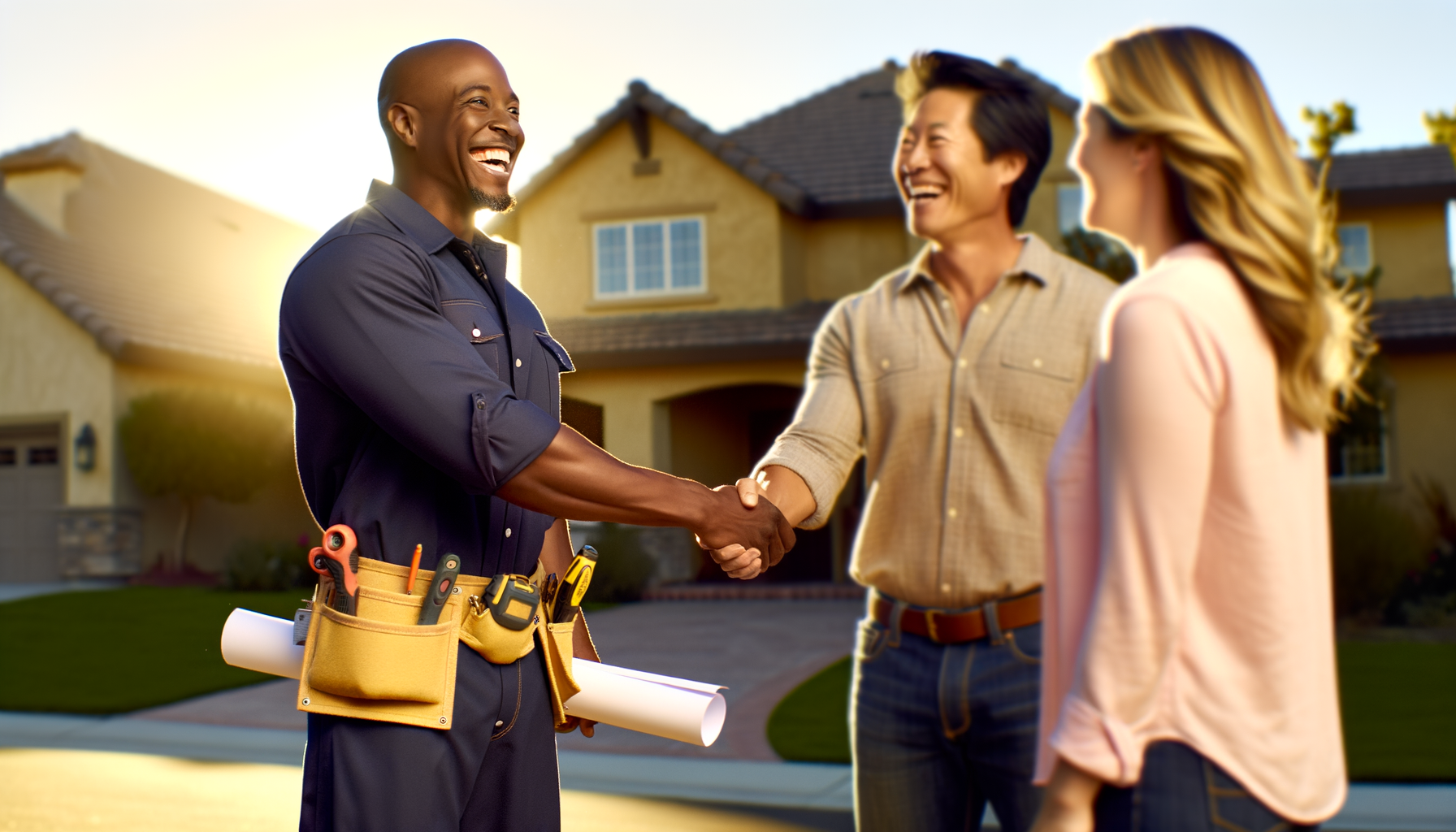 Professional contractor shaking hands with homeowners outside their house