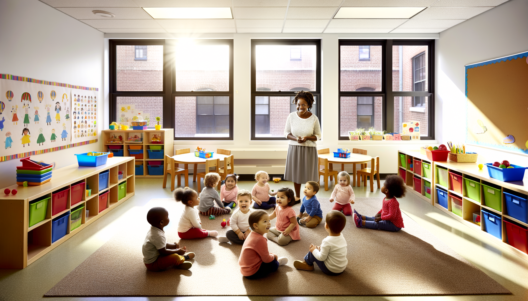 Caring daycare teacher interacting with diverse group of toddlers in bright, organized classroom