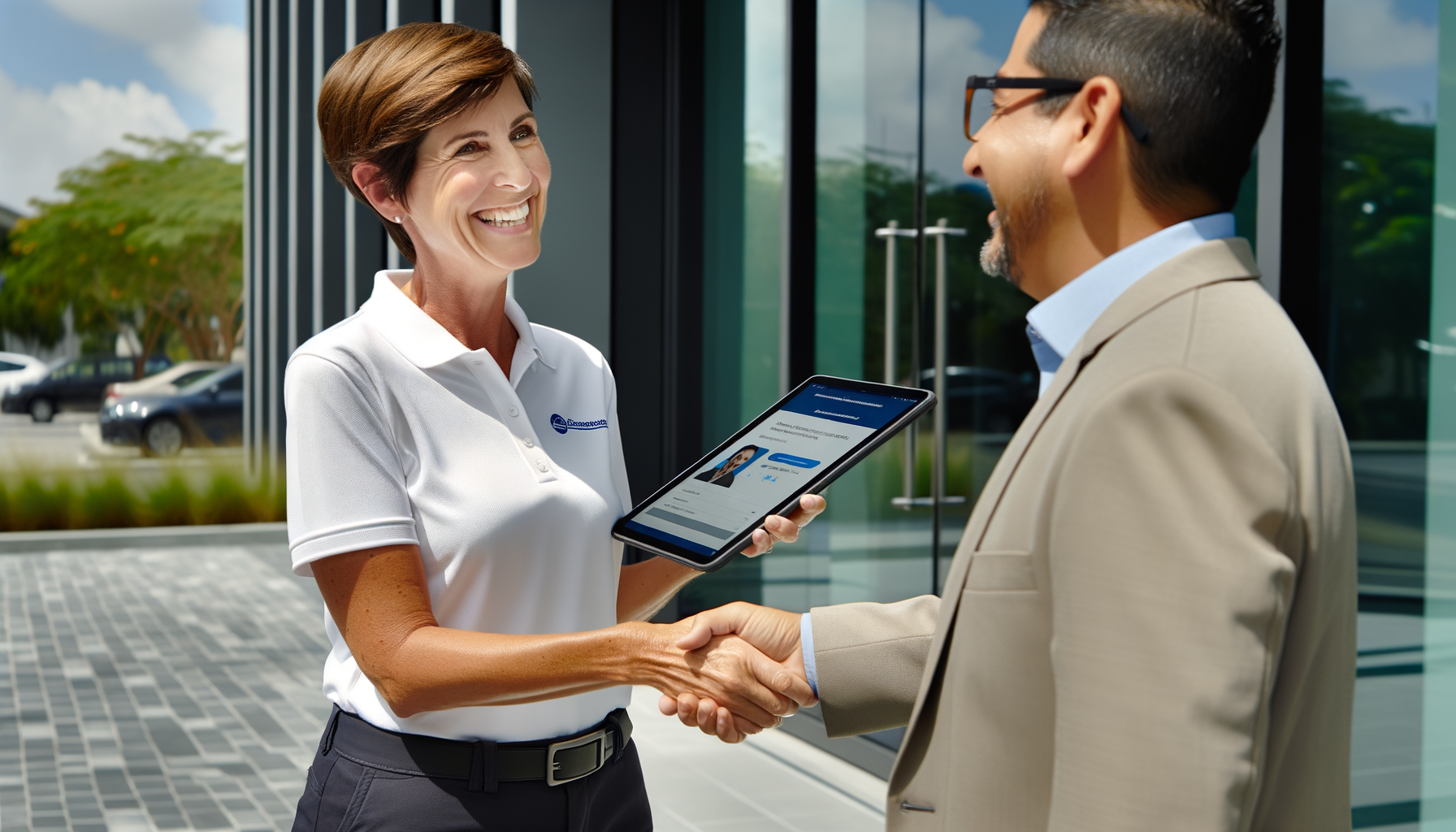 Service provider shaking hands with satisfied customer outside modern office building