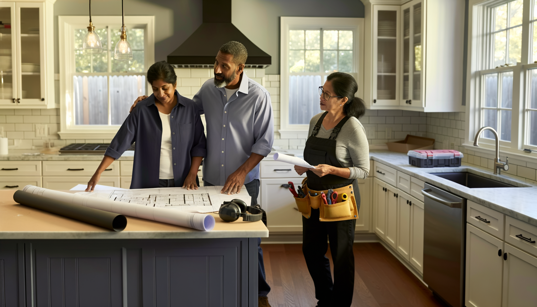 Homeowners and contractor reviewing project plans together in an organized, well-managed renovation space